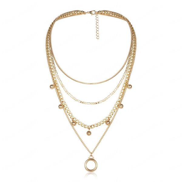 Collier avec anneau géométrique multicouche rétro pour femmes, mélange de perles, chaîne serpent, col en V, pendentif pour robe, accessoires de bijoux