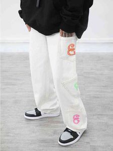 Rétro Multi poche lettres imprimer jean droit hommes femmes surdimensionné Baggy Denim pantalon blanc noir Harajuku Streetwear pantalon G0104