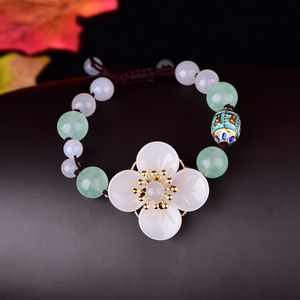 Retro Natural Chalcedony Jade Flower Adjustable Bracelet Charm Jewellery Fashion Hand Knitted Amulet Gifts Women Luck Bangle