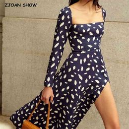 Rétro marine Dot imprimer femmes robe mi-longue femme Vintage français col carré en mousseline de soie fendu à manches longues robes vacances 210429