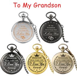 Rétro Roman Argent / Or / Noir Montres De Poche Je T'aime Pour Toujours À Petit-fils Hommes Garçons Quartz Analogique Horloge Pendentif Chaîne Souvenir Coffret Cadeau