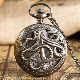 Retro Octopus Hollow Half Hunter Quartz Pocket Watch Vintage Gray Bronze ketting Hangketen voor kinderen Men Men vrouwen reloj251y