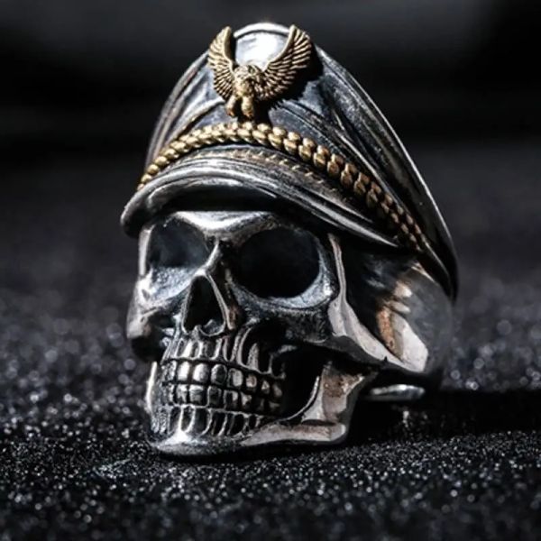 Bagues rétro en or noir 14K pour hommes et femmes, crâne d'officier rétro, Punk Hip Hop Rock squelette, bague tendance, bijoux à la mode, cadeaux réglables