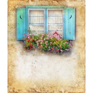 Arrière-plan de fenêtre bleue murale de Style ancien rétro, pour photographie, imprimé de fleurs roses rouges, feuilles vertes, arrière-plan de fête prénatale pour nouveau-né