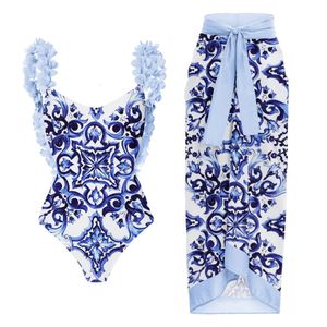 Swimsuit rétro One Piece Backless Applique Bleu et blanc Porcelaine imprimée Pwimsuit Suit Femmes 240429