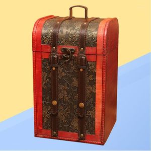 Caja de embalaje Retro, caja de regalo de madera de estilo chino, contenedor de botellas dobles de cuero PU para fiesta, banquete, ceremonia-692