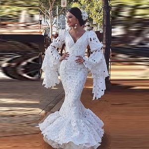 Retro Palace Crocet Lace Mermaid Avondjurken Witte Flare Vestidos lange mouw Vestidos Flamenca Spanje Prom jurk Drag