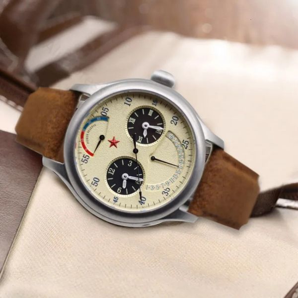 Retro Pilot Mens Watch Dual Cimehac Automatic Mouvement Mouvement Mouvement Corloge des militaires chinois Chronograph MECHECHICAL WESTES 240414