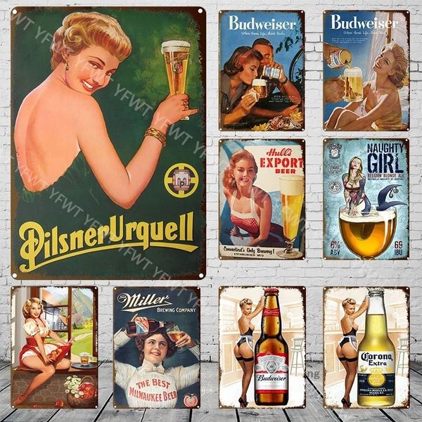 Retro Pin Up Cerveza Pinturas De Metal Cartel Cartel De Chapa Sexy Girl Posters Placa De Decoración Vintage Placa Decorativa Para Bar Pub Cocina Decoración De La Pared Del Hogar Tamaño 30X20CM w01