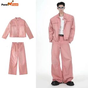 Retro Pink Denim Set Men Loose Vintage Cowboy Jacket Wide-Leg-Leg Male 2PCS SETT