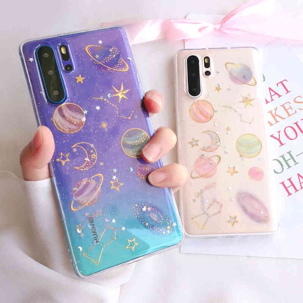 Rétro planète paillettes coques de téléphone pour Huawei P40 Pro P30 P20 Lite Mate Lite Honor 20Pro couverture arrière en époxy souple