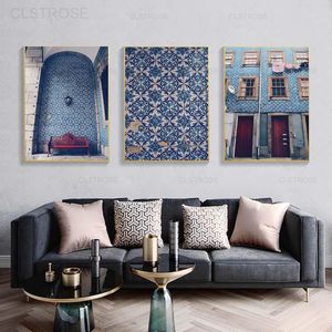 Retro Portugal City Landschap Poster Vintage Marokko deur canvas schilderen schilderij Noordse moderne fotografie kunst aan de muur kunstfoto voor decor