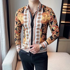 Retro print lange mouw shirt voor mannen luxe goud barokke hof shirt sociale club outfits trend shirt mannen camiseta masculina 240506