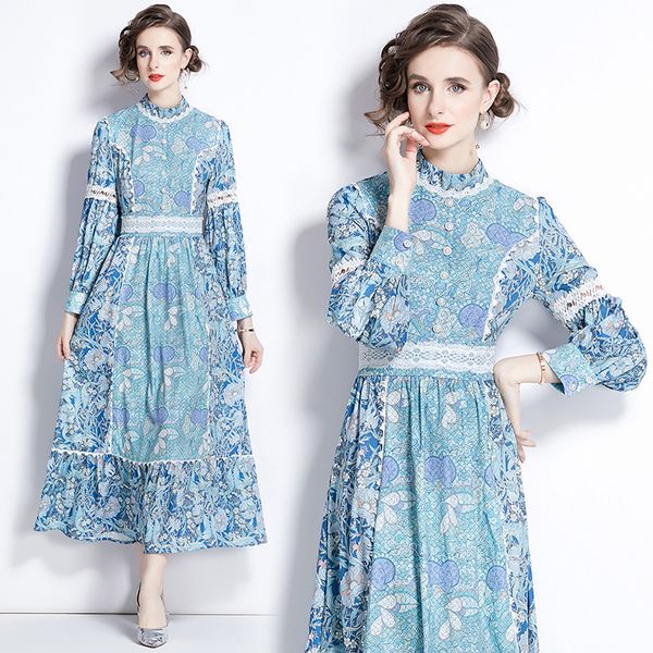 Vestido de estampado de estampado retro Mujer Mujer de diseño de cuello de collar Vestidos de vacaciones azules delgados 2023 Pista de invierno de otoño Big Swing Fit Flexs