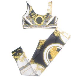 Conjunto de mallas y chaleco de yoga sexy para mujer, ropa deportiva de verano, tops deportivos con estampado retro, mallas para correr de alta elasticidad, chándales para correr al aire libre