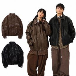 veste de moto rétro pu hommes femme japonais streetwear streetwear vestes en cuir print à l'automne des marchandises décontractées Unisex A1J7 #