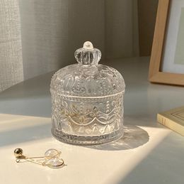 Caja de almacenamiento de joyas de vidrio transparente con corona en relieve retro con tapa, perfecta para guardar joyas y otros recuerdos, adecuada para regalar a mujeres