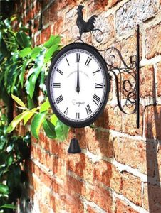 Retro haan vintage hangende wandkloktijd ronde kwarts antieke decoratieve tuin ijzer kunst outdoor dubbelzijds13647979