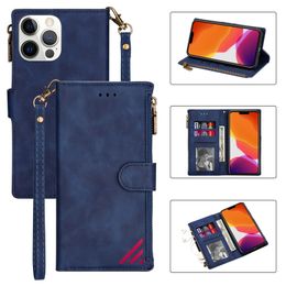 Retro Rope Magnetic Folio Zipper Phone Cases para iPhone 14 13 12 Mini 11 Pro Max XR XS 7 8 Plus Múltiples ranuras para tarjetas Cartera de cuero mate Cadena Kickstand Carcasa protectora