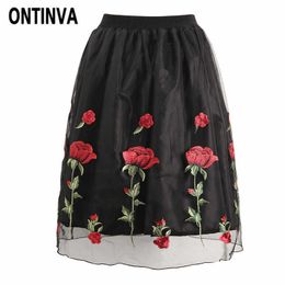 Retro Rose Floral Embroidery Midi Tulle Puff Rokken Vintage Vrouwen Hoge Taille Saia Feminina Mesh Ball Town 210527