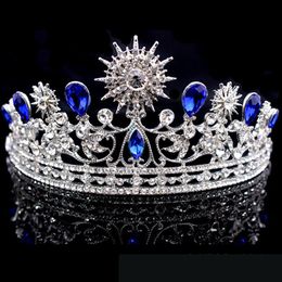 Retro Koningsblauw Bruiloft Kroon Tiara Hoofdtooi Voor Prom Quinceanera Feestkleding Kristal Kralen Opgestoken Half Haar Ornamenten Bruids Jewe281s