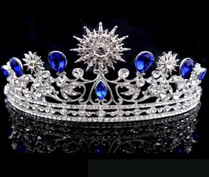 Retro Koningsblauw Bruiloft Kroon Tiara Hoofdtooi Voor Prom Quinceanera Feestkleding Kristal Kralen Opgestoken Half Haar Ornamenten Bruids Jewe1636517