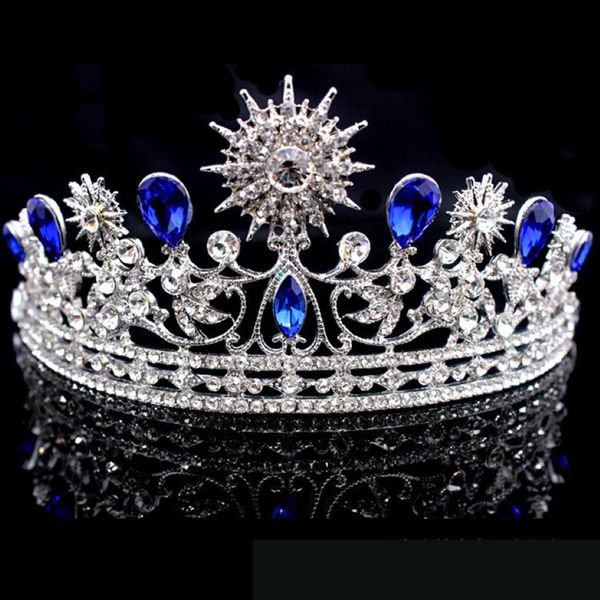 Retro Royal Blue Wedding Crown Tiara Headress for Prom Quinceanera Party Wear Crystal Beded Updo Half Hair Ornements Bridal Bijoux 2 298G