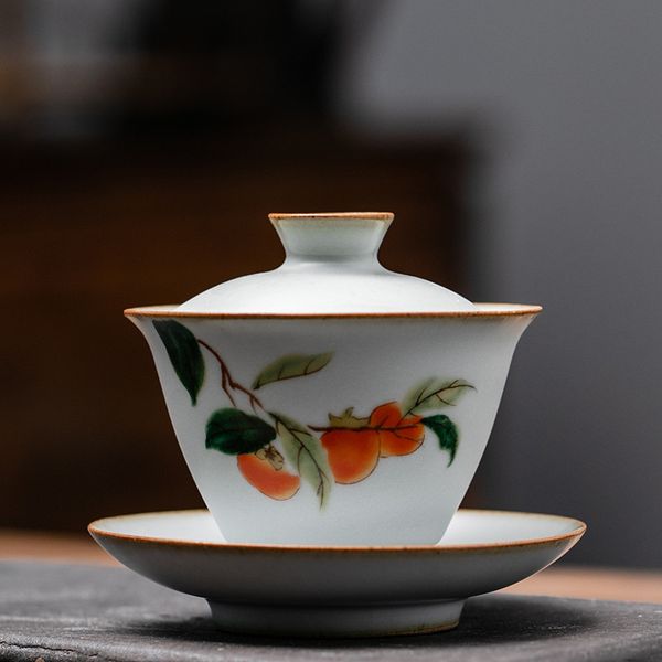 Retro Ru Kiln Céramic Tea Tureen Bowl Fleur à la main Fleulle Tasse tasse de thé Portable Gaiwan Home TEA Set Drinkware
