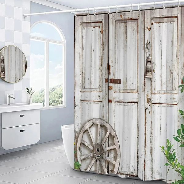 Ensemble de rideaux de douche avec portes en bois, rétro rustique, vieux Vintage, grange de campagne, ferme, écrans de bain pour salle de bain, 240328