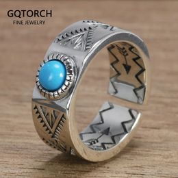 Anillo de turquesa con incrustaciones de plata esterlina retro S925 Estilo indio Joyería fina ajustable simple para hombres y mujeres 240320