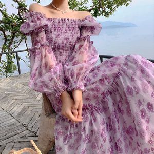 Retro Seaside Vacation Big Swing Beach DR2021 Zomer Nieuwe Vrouwen Lange Mouwen Vierkante Kraag Maxi Boho Boheemse Jurk X0621