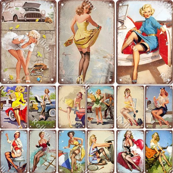 Rétro Sexy fille Art peinture autocollant mural décor plaque bière affiche vintage métal étain signe salon bar décoratif personnalisé Plaques décor taille 30X20 CM w02