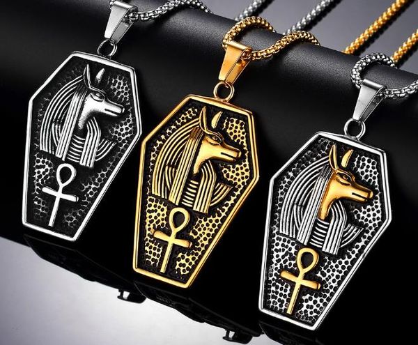 Rétro argent antique noir hommes acier inoxydable ancien Anubis égyptien pharaon copte l'ankh croix religieux pendentif collier