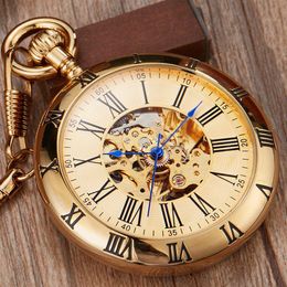 Retro Retro Gold Mechanical Mechanical Pocket Men Women Luxury Copper Watches Skeleton Steampunk Fob Cadena de relojes Cx249d