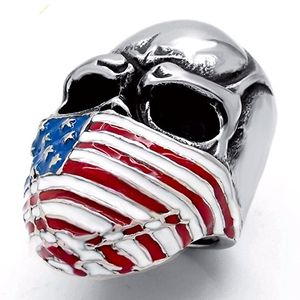 Anneau de crâne rétro en argent avec masque de drapeau étoile des États-Unis Style Punk Cool Oil Drop America Flag Hommes Femmes Anneau Hip HOp Bijoux