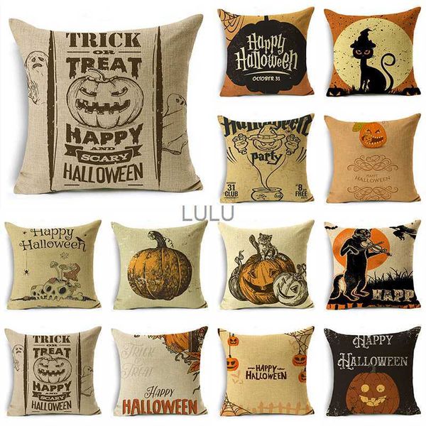 Rétro Simple Halloween citrouille lanterne chat noir lin jeter taie d'oreiller housse de coussin décorative pour canapé salon fête HKD230825 HKD230825