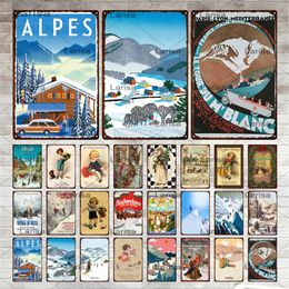 Retro Ski Resort Metal Painting Skiing Travel City Tin Bord Winter Landschap Sneeuw Mountain Mountain Plaque Home Bar Club Wall Decor 30x20cm W03