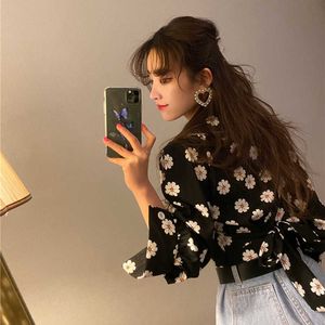 Retro Kleine Daisy Floral Crop Tops Kant Patchwork Peter Pan Collar Bandage Taille Doll Shirts Slanke Chiffon Blouse Camisas Mujer 210610