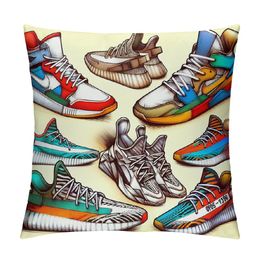 Retro sneaker patroon dobkussen met verborgen rits gezellige zachte vierkante basketbalschoenen gooi kussensraws voor bank bankbed woonkamer huisdecor 18 x 18 in