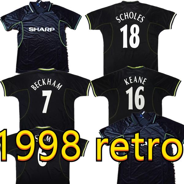 Rétro Soccer Jersey Man Utd 1998 1999 2000 Chemise de football classique Vintage 98 99 United Accueil Rouge Noir Solskjaer Beckham Scholes Giggs