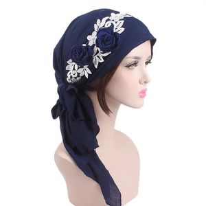 Rétro couleur unie fleur Turban casquette musulmane casquette Hijabs musulman islamique écharpe foulards pour femme longue sous-écharpe Turbante 4 11260W