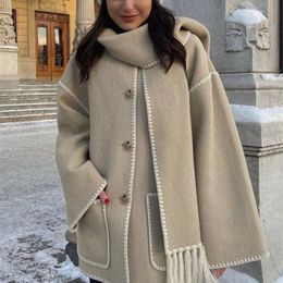 Manteau rétro en laine unie pour femme, élégant, simple poitrine, paon avec écharpe, de luxe, de rue, automne 2023, 240109