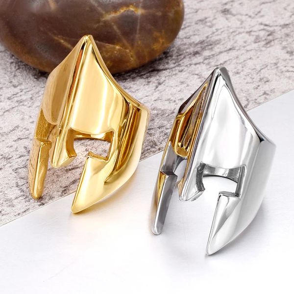 Anillos de casco de héroe espartano retro para hombres Anillo de oro blanco mate creativo de 14 quilates Anillos de rap de punk rock para regalos de adornos de individualidad de moda masculina