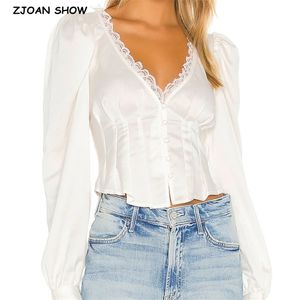 Retro Splice Lace Deep V neck Puff Sleeve Shirt French White color Single-breasted Ruched Slim Waist Short Women Blouse Tops 210429