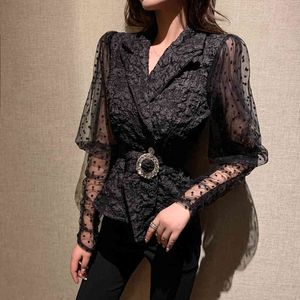 Rétro printemps col cranté manches bouffantes maille Patchwork Cardigan Blouse haut court femmes drapé avec ceinture chemise mince 210514