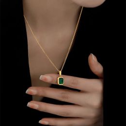 Collier rétro carré en Zircon vert pour femmes, collier en acier titane, bijoux de fiançailles de mariage pour filles