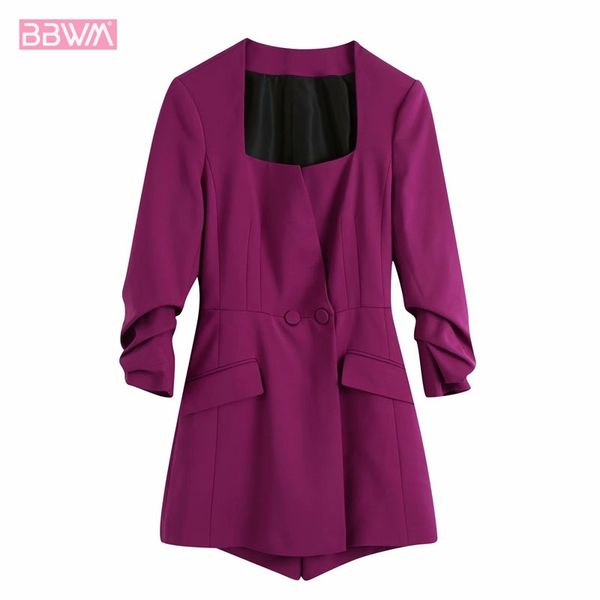 Combinaison rétro col carré manches courtes femme Chic poignets plissés violet petit Style encens body femme 210507