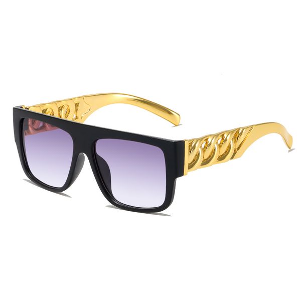 Gafas de sol gruesas de gran tamaño cuadradas retro Hombres Cadena de metal dorado Hip Hop Gafas de lujo Cadena de eslabones cubanos de oro negro Gafas de sol cuadradas gafas Brazo de cadena Parte superior plana Aviador