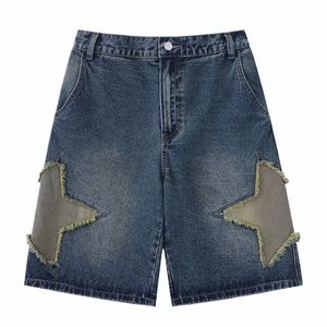 Retro Star Splicing denim shorts 2023 Men Summer Haruku Streetwear Jeans Shorts Fi Casual Loose Blue Denim Shorts Unisex 27GF#