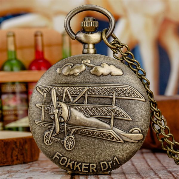 Retro Steampunk Alemania Fokker Dr.I avión volador cuarzo reloj de bolsillo hombres mujeres niños reloj analógico collar cadena regalo